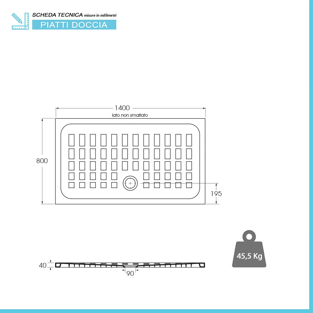 Piatto doccia 80x140 H 4 rettangolare in ceramica bianca con antiscivolo Cube