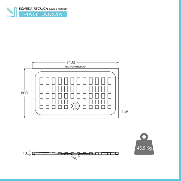 Piatto doccia 80x140 H 4 rettangolare in ceramica bianca con antiscivolo Cube