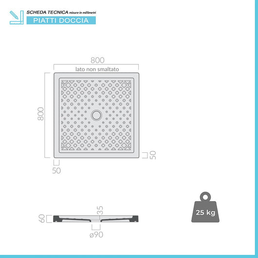 Piatto doccia 80x80 H 6 quadrato in ceramica bianca con antiscivolo