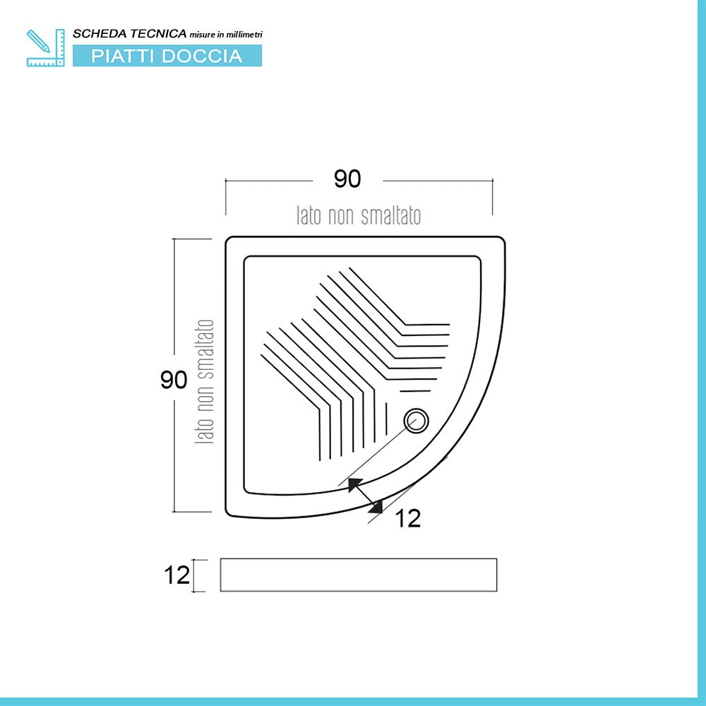 Piatto doccia 90x90 H 12 semicircolare in ceramica bianca con antiscivolo Tierra