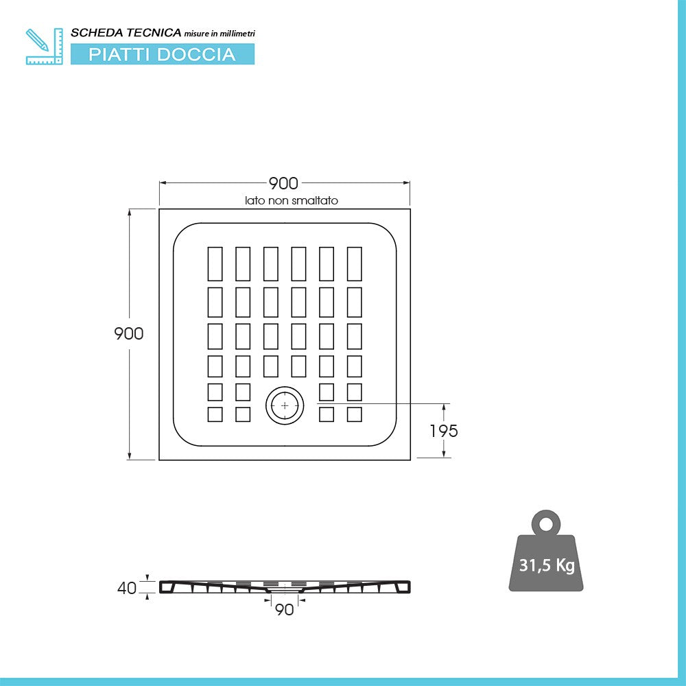 Piatto doccia 90x90 H 4 quadrato in ceramica bianca con antiscivolo Cube