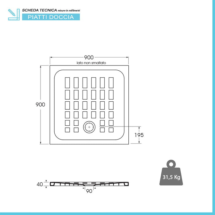 Piatto doccia 90x90 H 4 quadrato in ceramica bianca con antiscivolo Cube