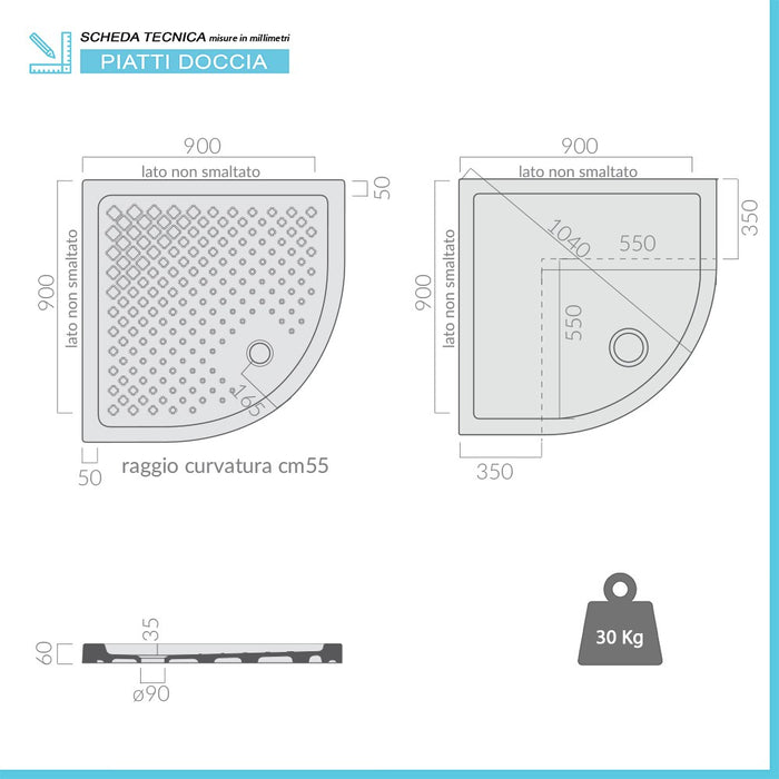 Piatto doccia 90x90 H 6 semicircolare in ceramica bianca con antiscivolo