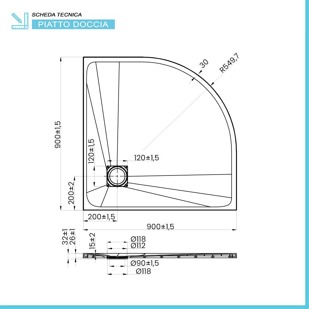 Piatto doccia 90x90 semicircolare bianco pietra in resina riducibile AgorÃ 