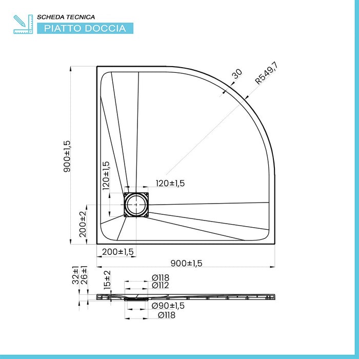 Piatto doccia 90x90 semicircolare bianco pietra in resina riducibile AgorÃ 