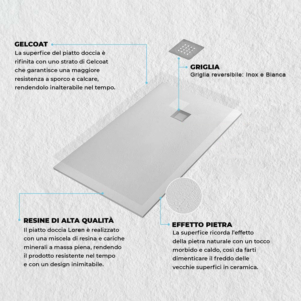 Piatto doccia 90x90 semicircolare resina bianco pietra filo pavimento Loren