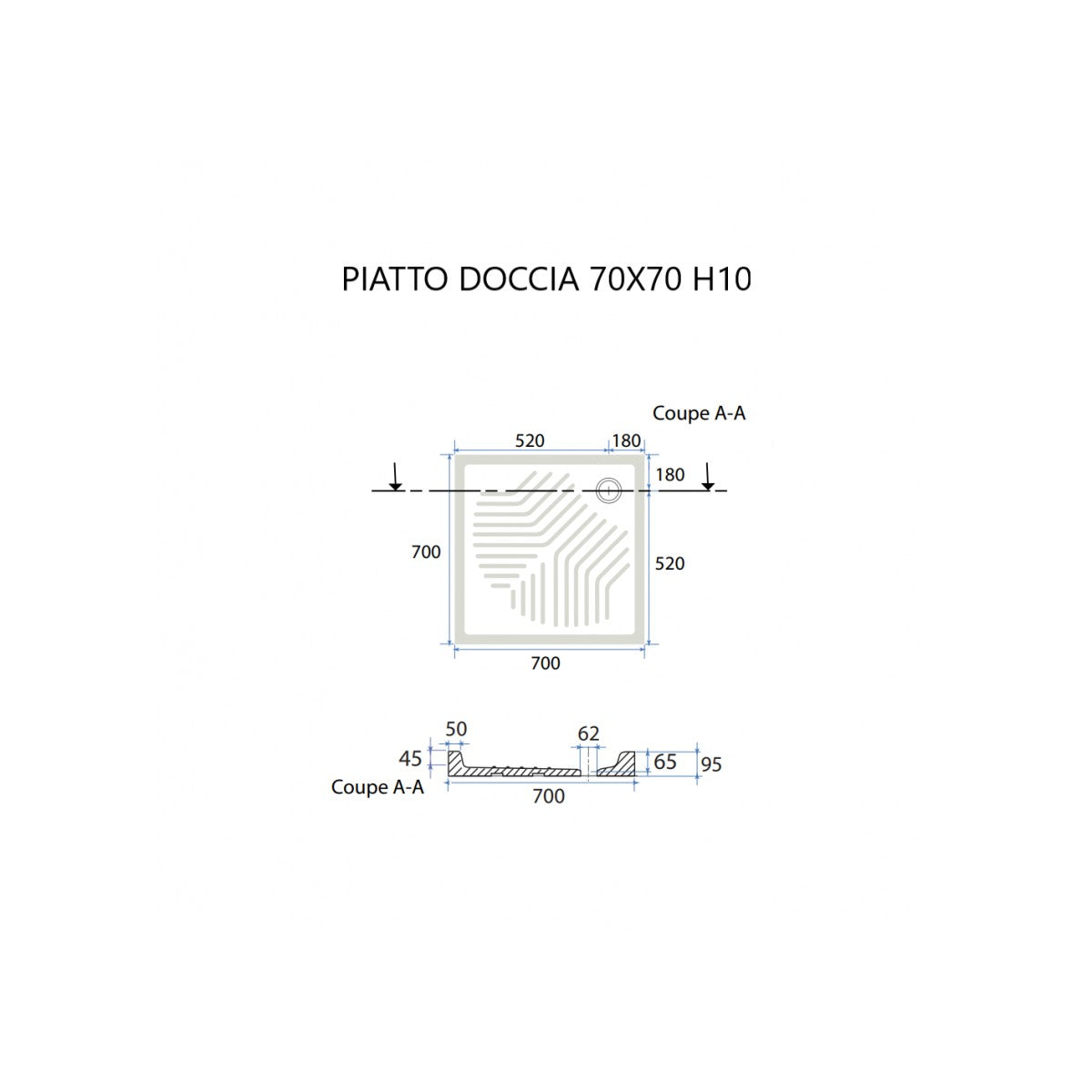 Piatto doccia ceramica quadrato colore bianco h10cm, dimensioni 70x70