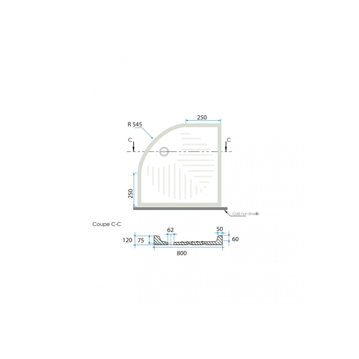 Piatto doccia ceramica semicircolare colore bianco h10cm, dimensioni 90x90