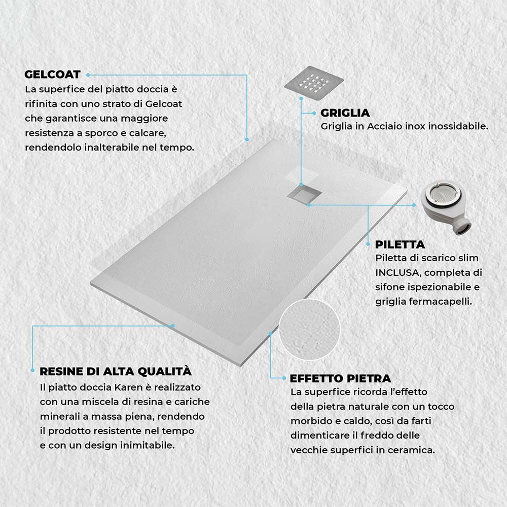 Piatto doccia filo pavimento Karen 100x100 in resina bianco pietra