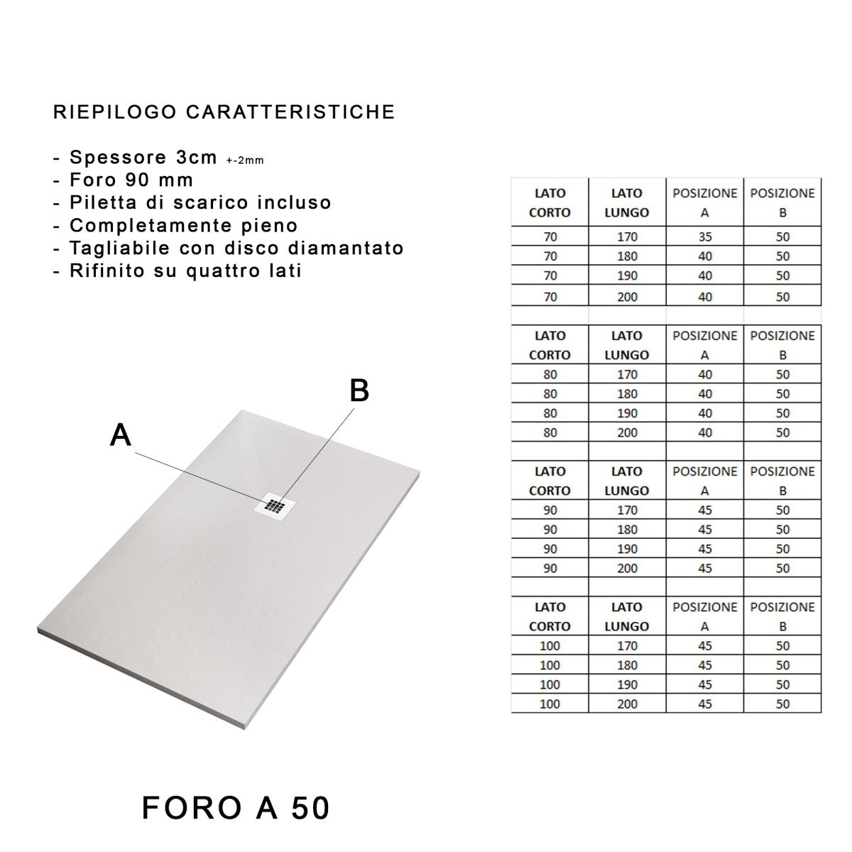 Piatto doccia in marmo resina bianco pietra cemento plus, misura 90x110