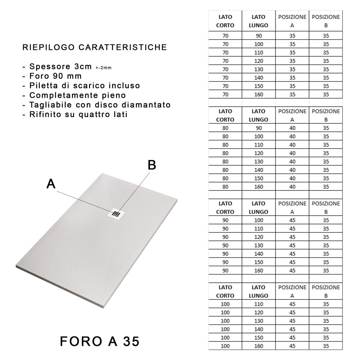 Piatto doccia in marmo resina bianco pietra cemento plus, misura 75x180