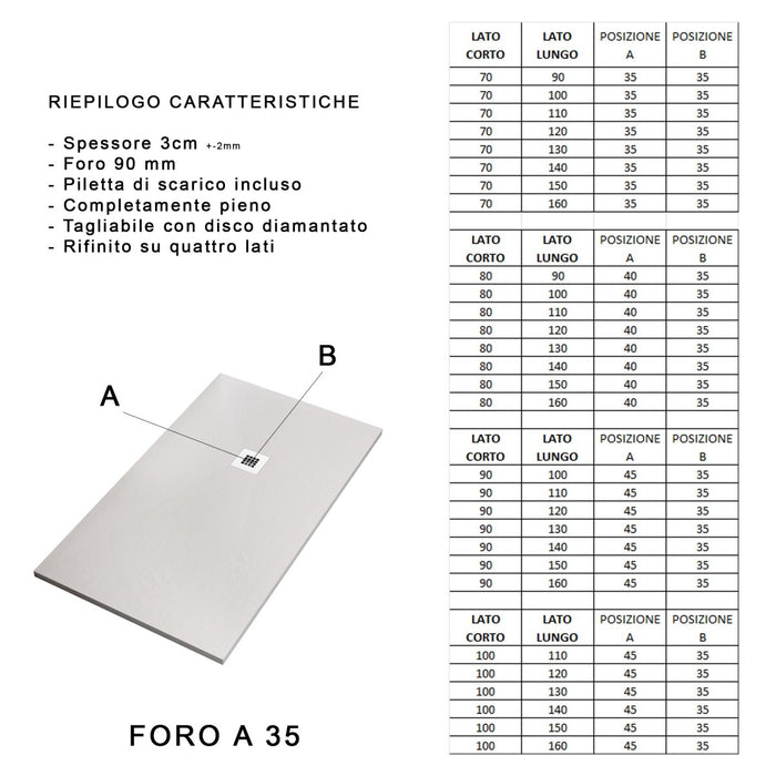 Piatto doccia in marmo resina bianco pietra cemento plus, misura 75x180