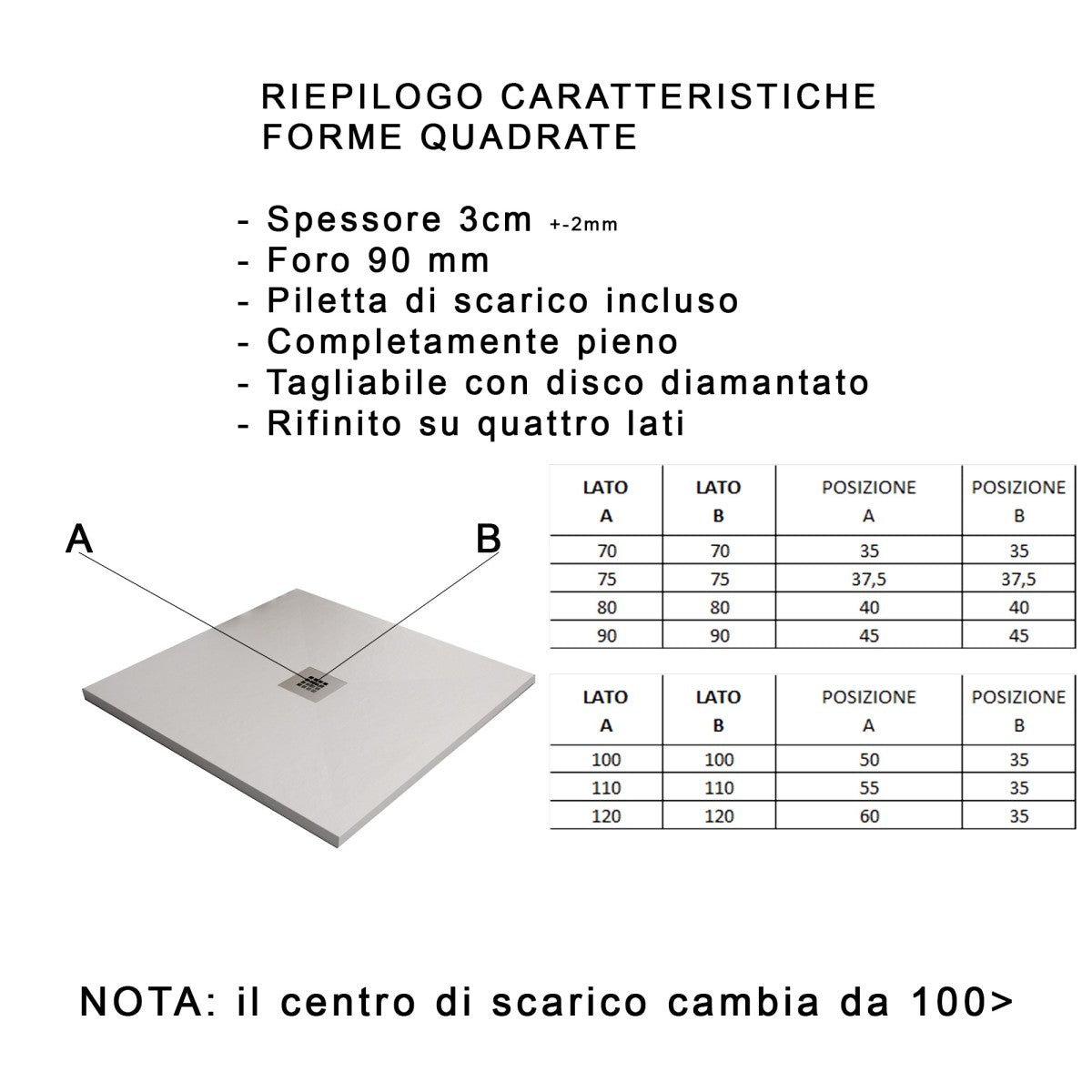 Piatto doccia in marmo resina bianco pietra cemento plus, misura 75x80