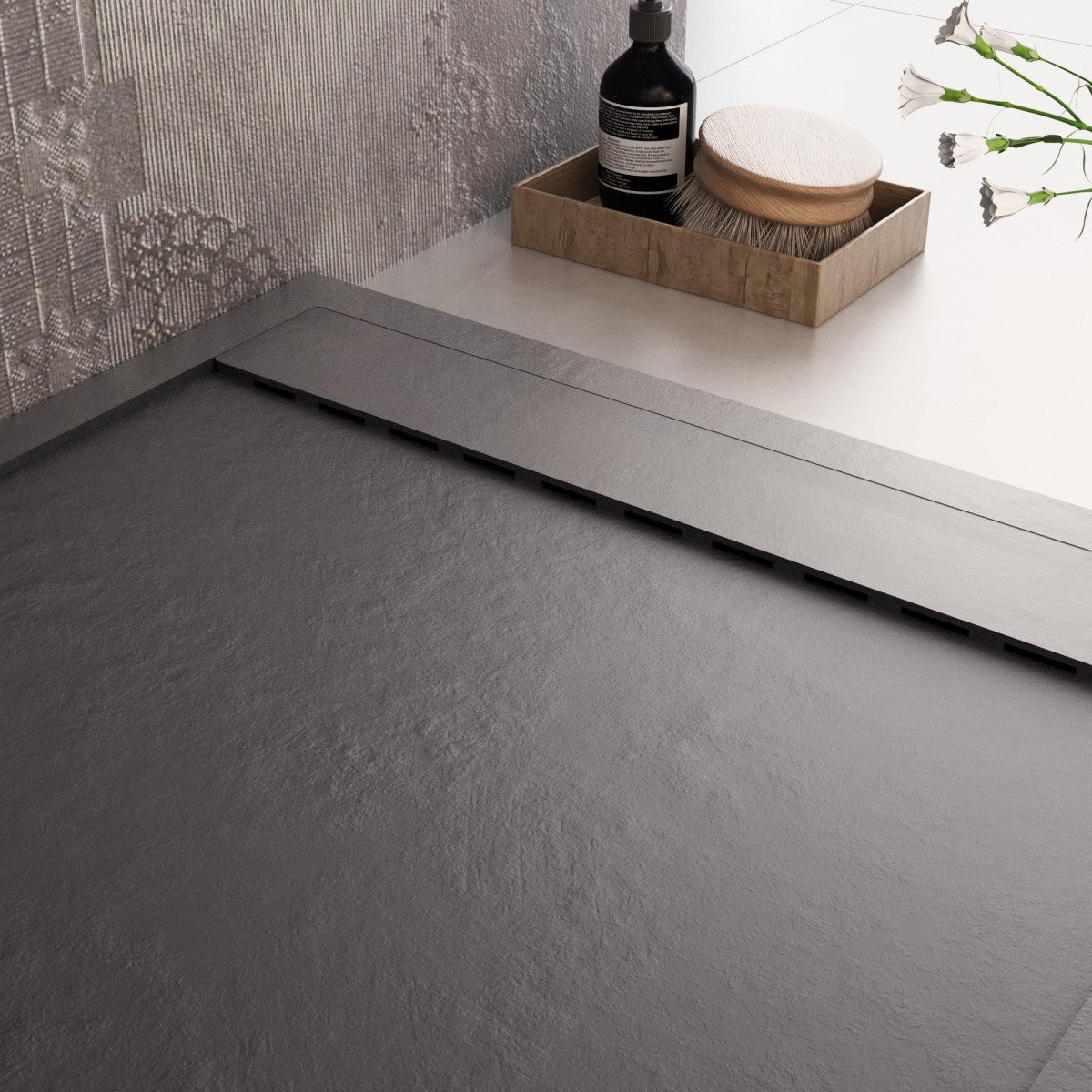 Piatto doccia in marmo resina nero pietra cemento prestige, misura 70x180