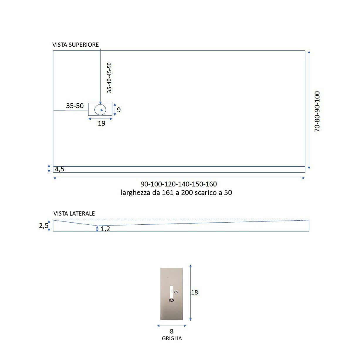 Piatto doccia mineralmarmo effetto pietra antracite dubai, dimensioni 80x140