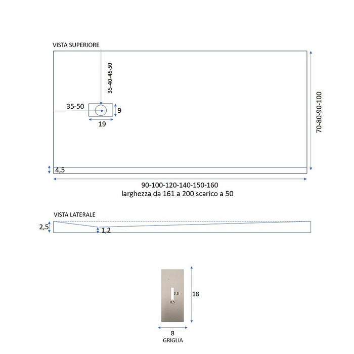 Piatto doccia mineralmarmo effetto pietra antracite dubai, dimensioni 80x140