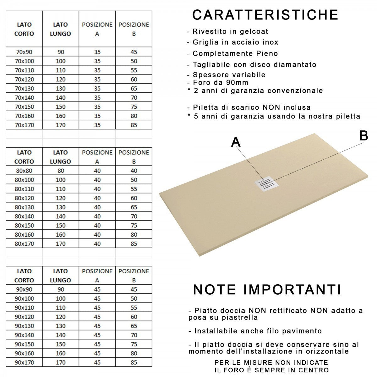 Piatto doccia mineralmarmo effetto pietra made in italy scarico centrale colore antracite modello amalfi, dimensioni