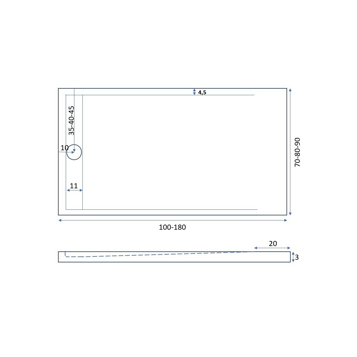 Piatto doccia mineralmarmo griglia laterale inox antracite moon, dimensioni 90x100