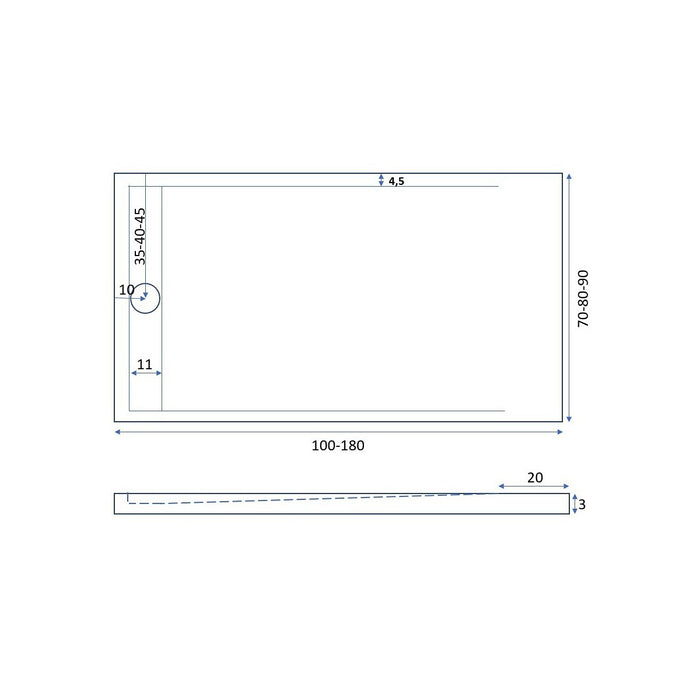 Piatto doccia mineralmarmo griglia laterale inox antracite moon, dimensioni 90x170