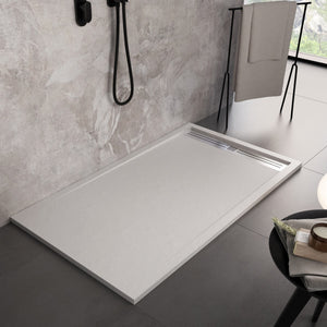 Piatto doccia mineralmarmo griglia laterale inox bianco moon, dimensioni 90x140