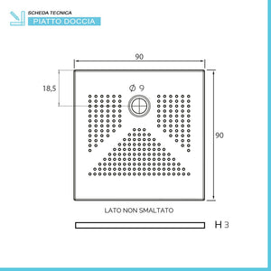 Piatto doccia quadrato 90x90 H3 cm in ceramica bianco opaco con antiscivolo Ruy