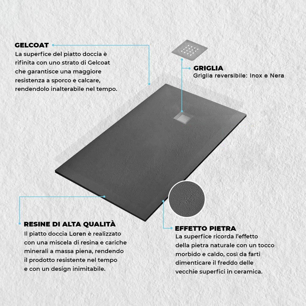 Piatto doccia resina 80x160 antracite pietra filo pavimento ultra slim Loren