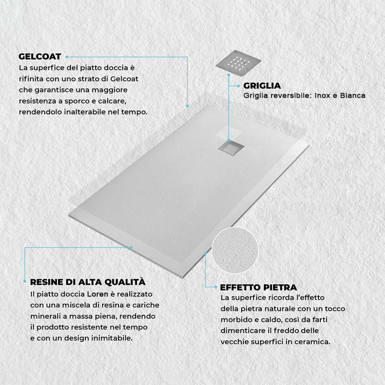 Piatto doccia resina 90x140 bianco effetto pietra filo pavimento Loren