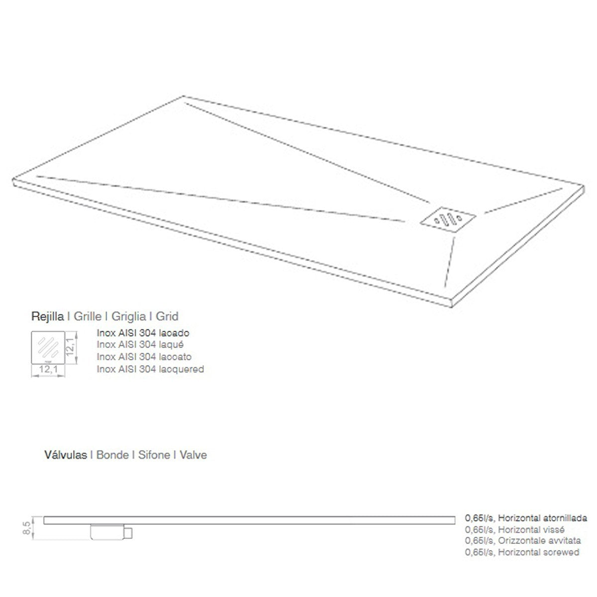 Piatto doccia resina finitura ardesia antracite con griglia inox nature, dimensioni 70x140