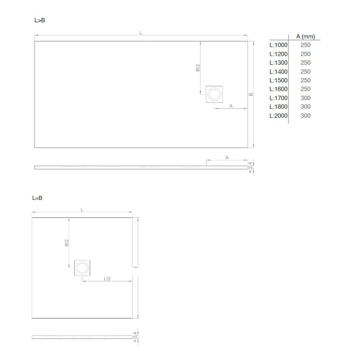 Piatto doccia resina finitura ardesia antracite con griglia inox nature, dimensioni 70x100