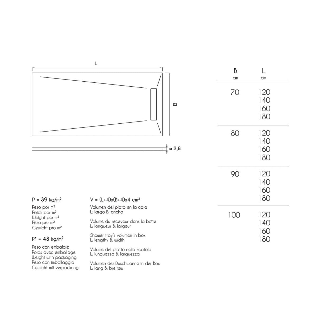 Piatto doccia resina finitura pietra antracite con griglia inox pure, dimensioni 80x120