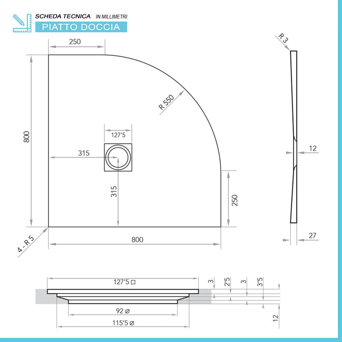 Piatto doccia semicircolare 80x80 antracite riducibile su misura Ten