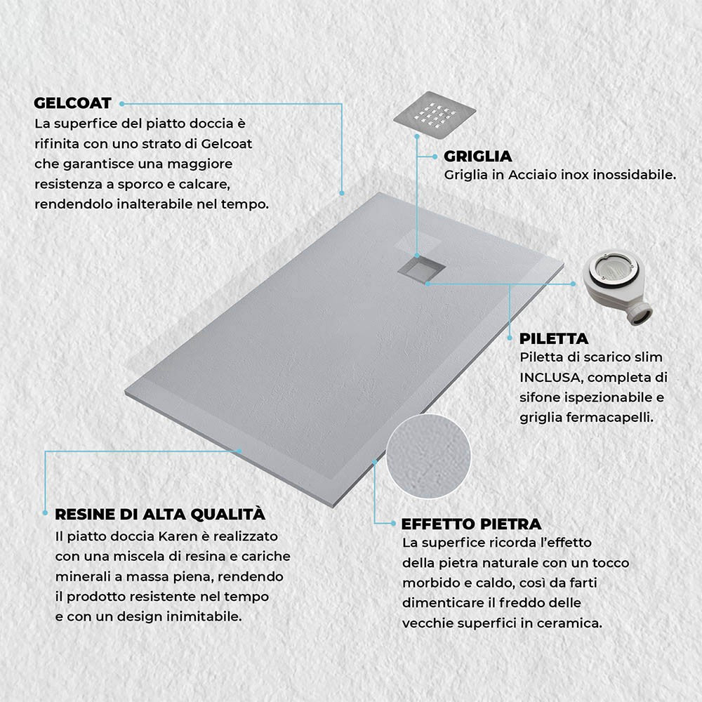 Piatto doccia su misura 80x80 Karen in resina effetto pietra grigio