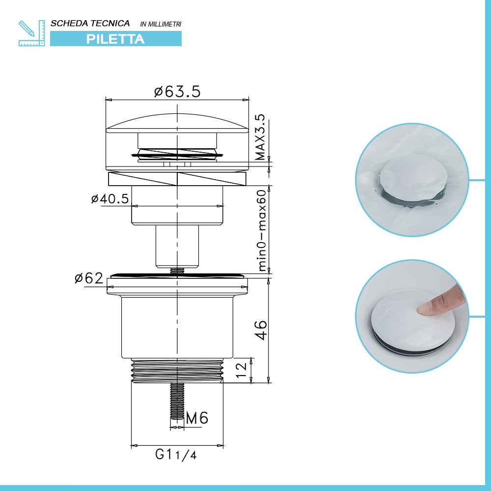 Piletta di scarico click clack universale bianco opaco con e senza troppopieno