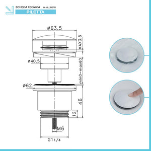 Piletta di scarico click clack universale bianco opaco con e senza troppopieno