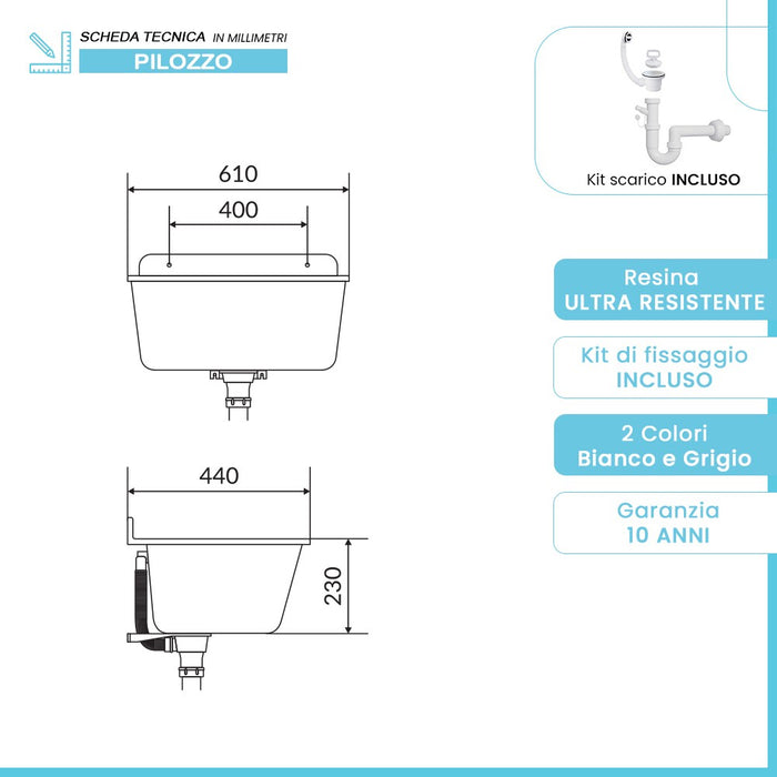 Pilozzo sospeso 61x44 in resina bianco pietra con ripiano dâ€™appoggio