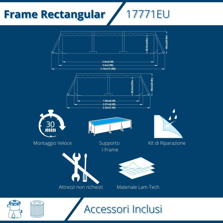 Piscina Fuoriterra rettangolare Grigia Avenli 300X207X65CM Struttura in Acciaio Pompa Filtro Inclusa 17771EU