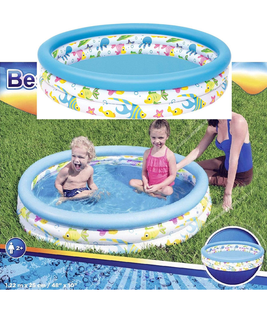 Piscina Rotonda 122cm Gonfiabile Fuoriterra Pesciolini Bambini Giardino 3 Anelli         