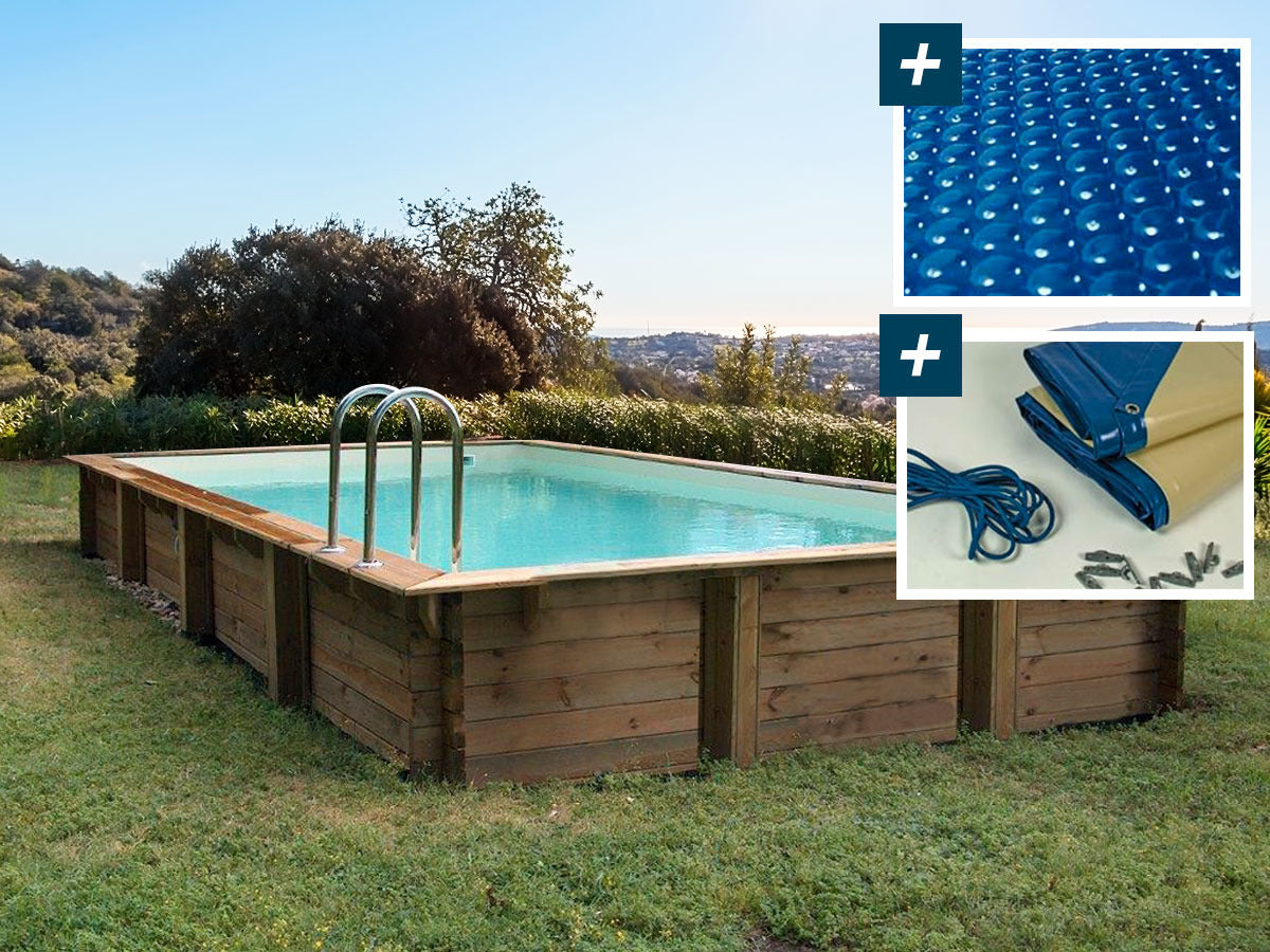 Kit piscina rettangolare in legno "Oceano" - 9,20 x 5,20 x 1,44 m - copertura a bolle d'aria 400 µ - copertura invernale 280 g/m²