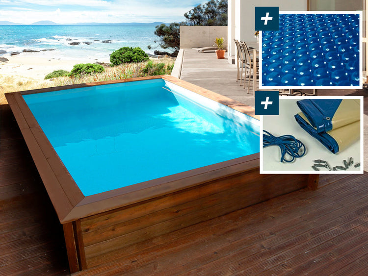 Piscina rettangolare in legno Toledo 3,00x2,00x0,71 m Copertura a bolle 180 µ Copertura invernale 280 g/m².