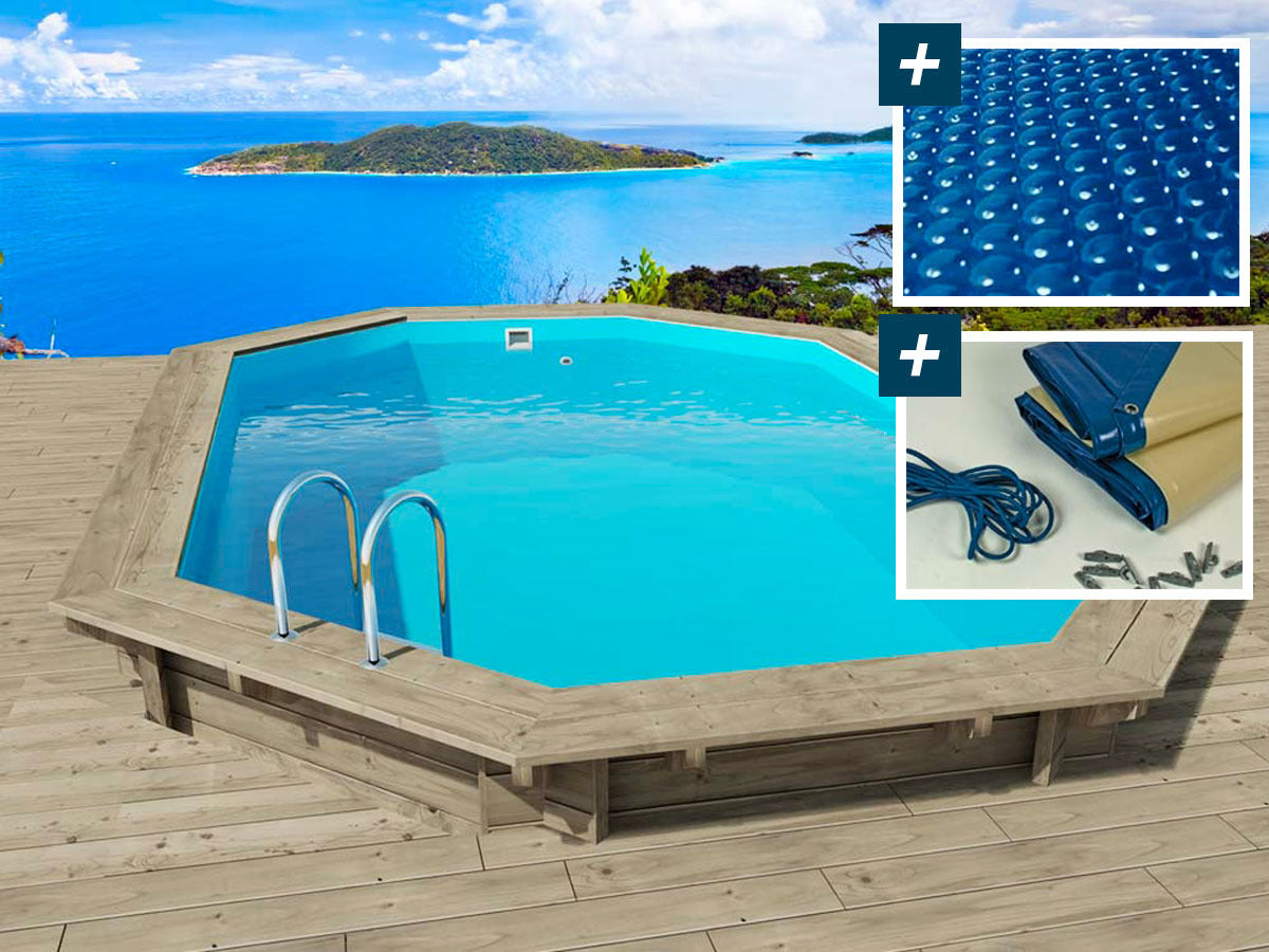 Piscina in legno Miami 4,86x3,36x1,20 m + copertura a bolle d'aria da 180 µ + copertura invernale da 280 grm².