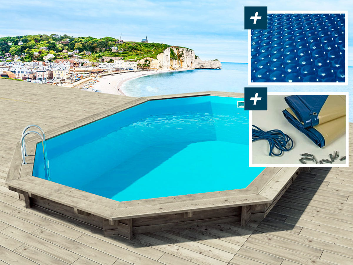 Piscina in legno " Brazilia " 5,86 x 3,86 x 1,20 m - Copertura a bolle 180 µ - Copertura invernale 280 g/m².