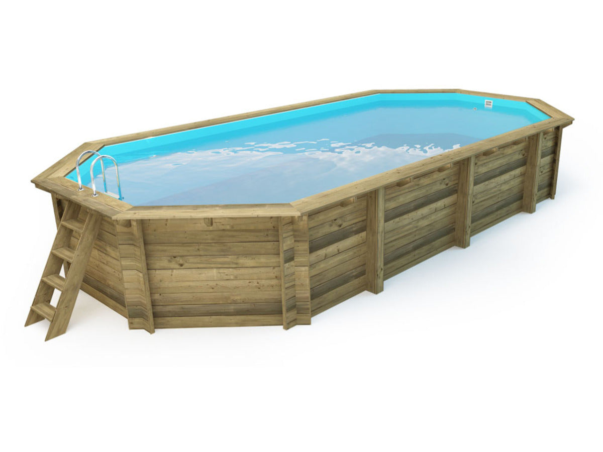 Piscina in legno "Ibiza" - 8,57 x 4,57 x 1,31 m - Copertura a bolle 180 µ - Copertura invernale 280 g/m².