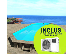 Piscina in legno Cancun 6,53x4,41x1,45 m + pompa di calore reversibile ON/OFF Simplicity by Hayward 5 kW Bianco