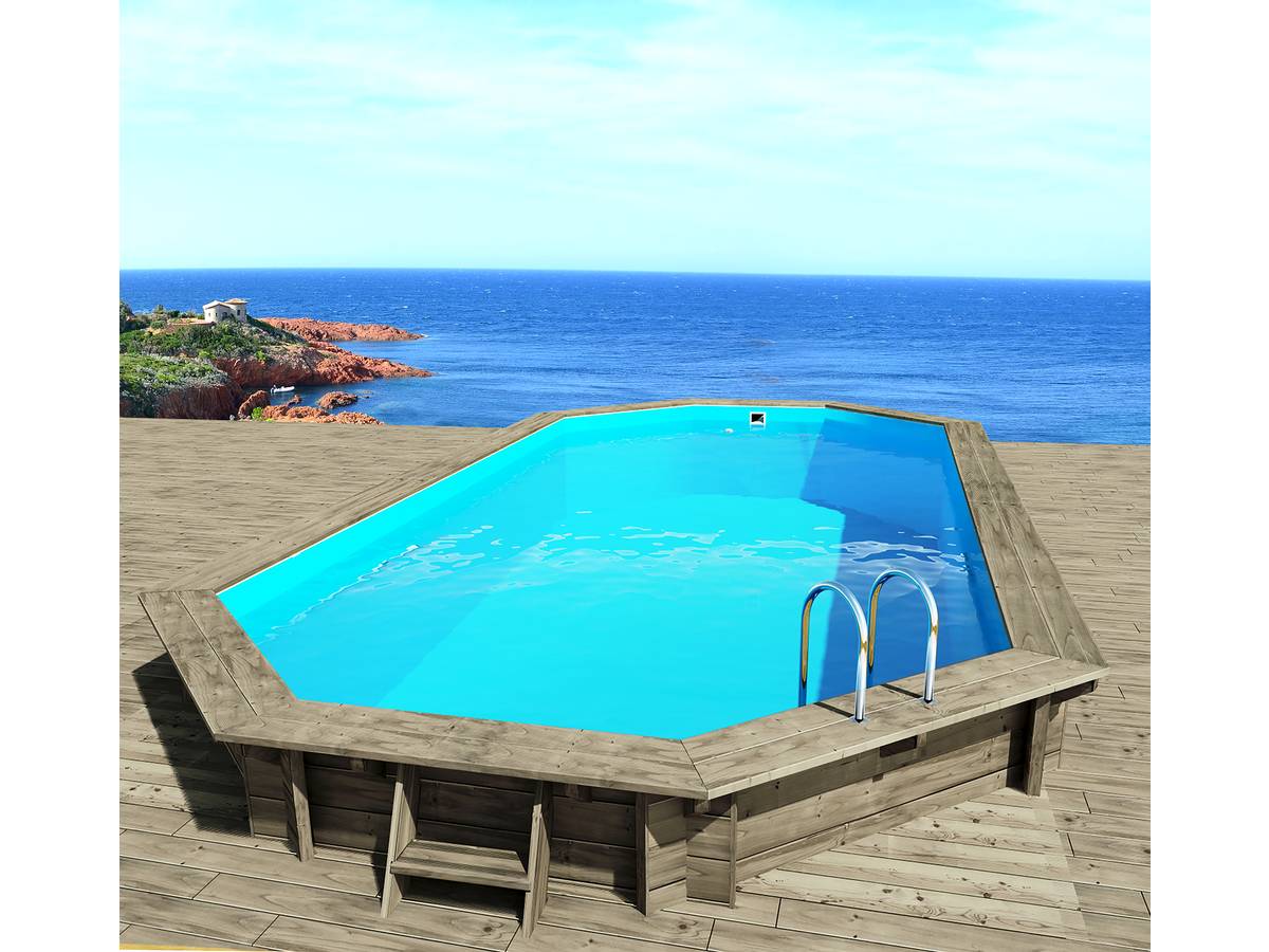 Piscina in legno Cancun 6,53x4,41x1,45 m + pompa di calore reversibile ON/OFF Simplicity by Hayward 5 kW Bianco