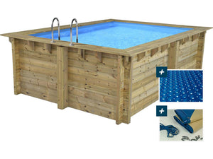 Piscina rettangolare in legno Caimans 4,10x3,00x1,24 m + copertura a bolle 180 µ copertura invernale 280 g/m