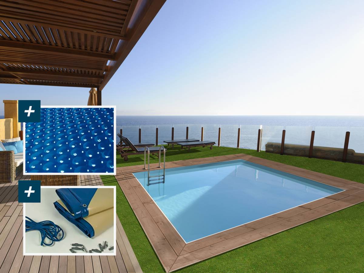 Piscina rettangolare in legno Caimans 4,10x3,00x1,24 m + copertura a bolle 180 µ copertura invernale 280 g/m