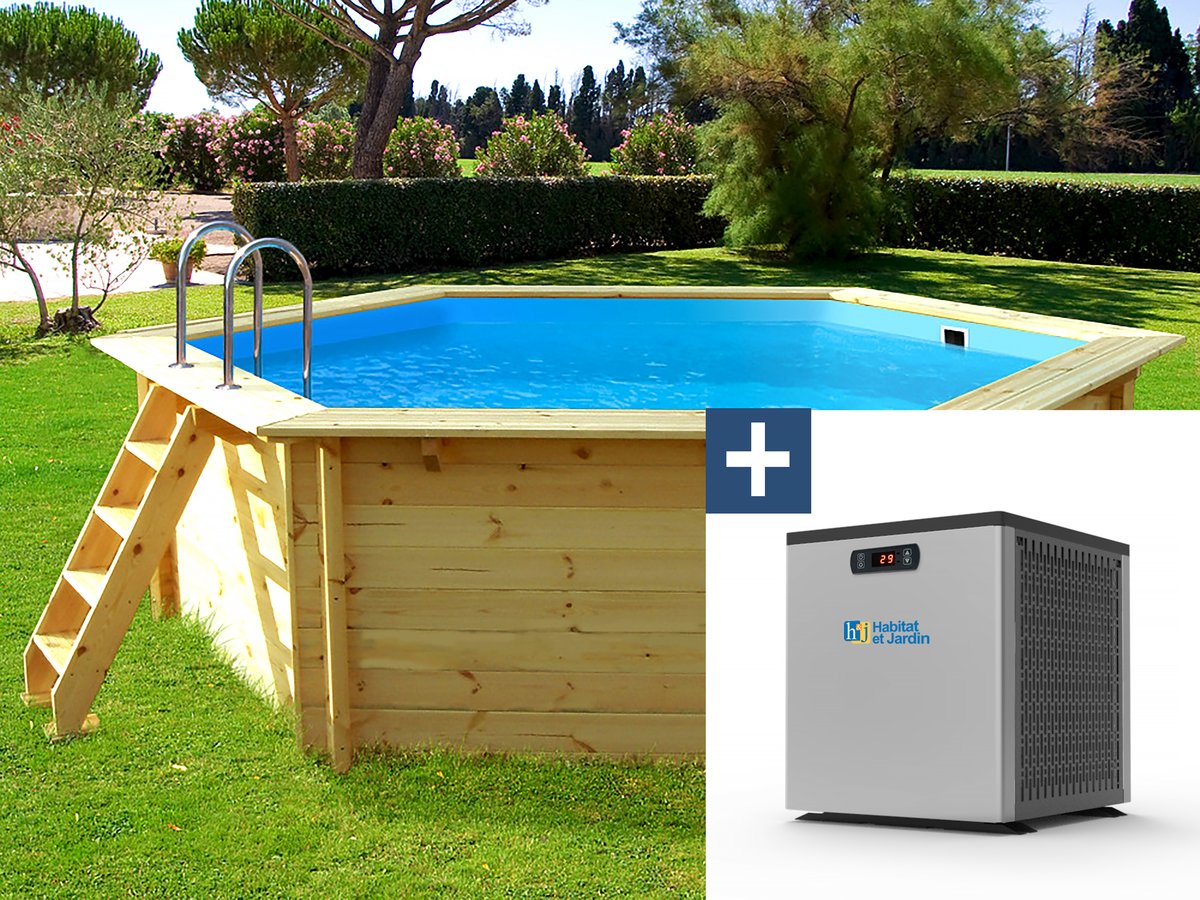 Piscina in legno Hawai 4,10x1,18 m + mini pompa di calore 3,5kW Metallo Grigio