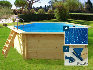 Piscina in legno Hawai 4,10x1,20 m + Copertura a bolle 180 + Copertura invernale 280 grm².