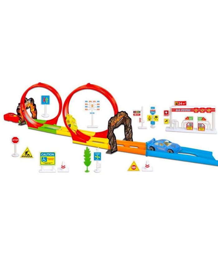 Pista Hot Race Con 2 Macchinine Giocattolo E Tanti Accessori Gioco Per Bimbi 3+         