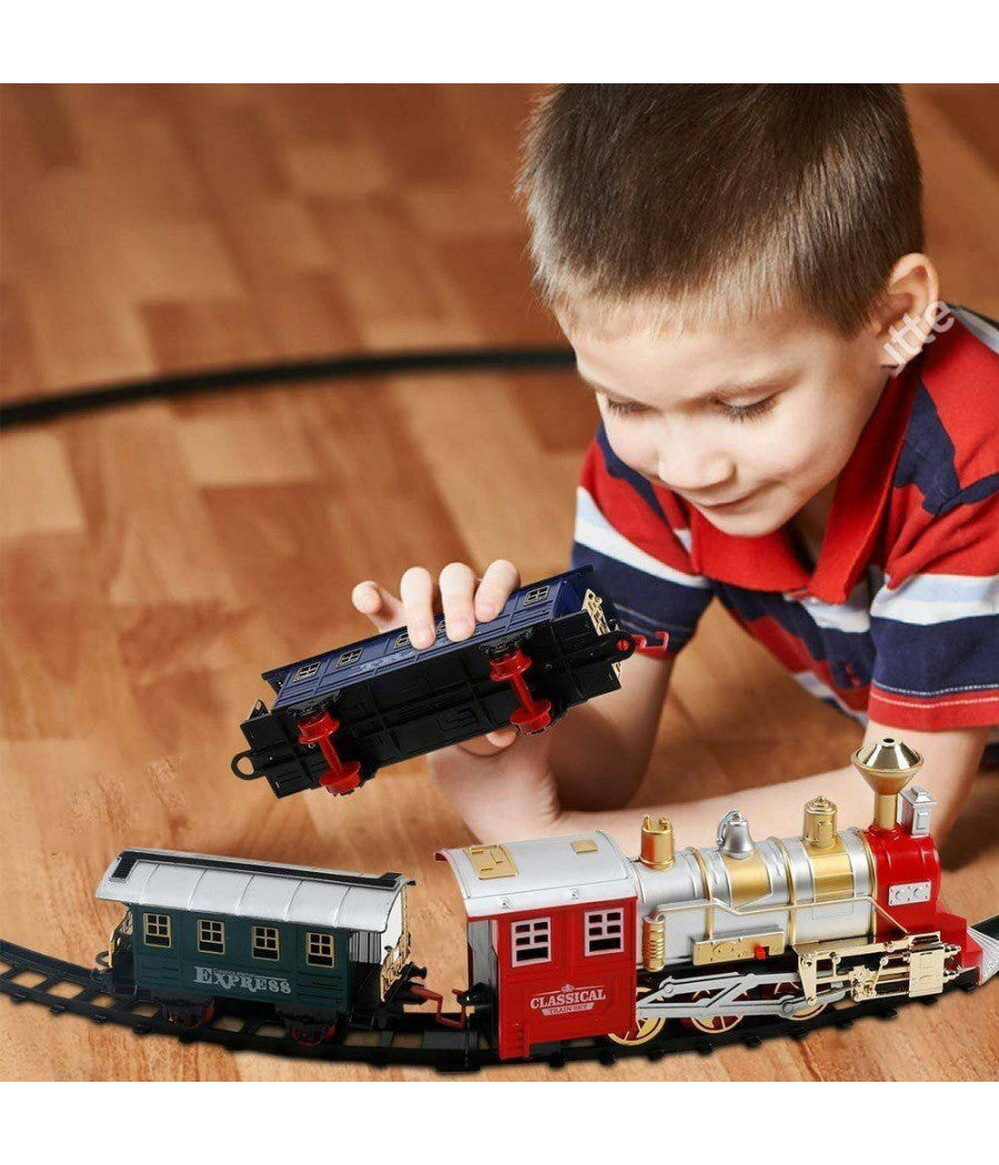 Pista Trenino Giocattolo Bambini Treno Locomotiva Con Fumo Luce Suoni E 2 Vagoni         